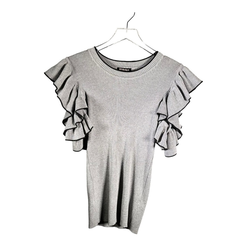 By Design Sweater Pull Over Heather Grey Black Ruffle Sleeve Scoop Neck Size L